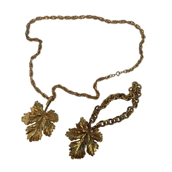 Vintage Demi Parure Set of Necklace Bracelet Huge Gold Plate Maple Leaves - Picture 2 of 14